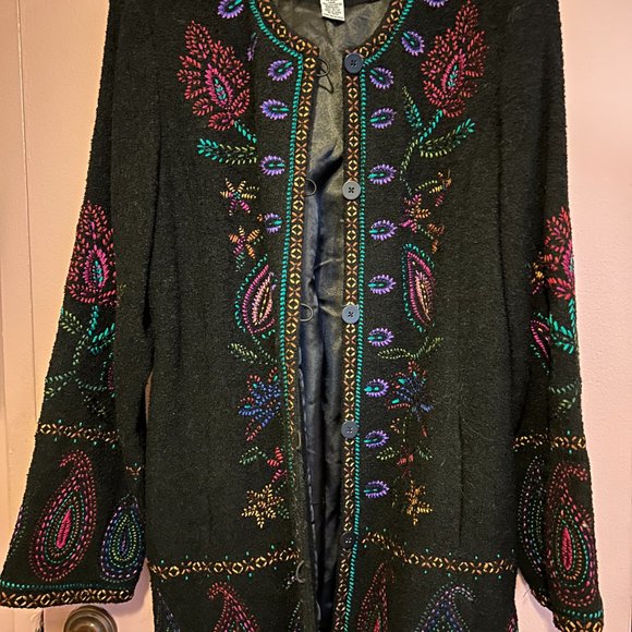 Linea Colorfully Embroidered Black Wool Long Jacket/Coat - Picture 2 of 4